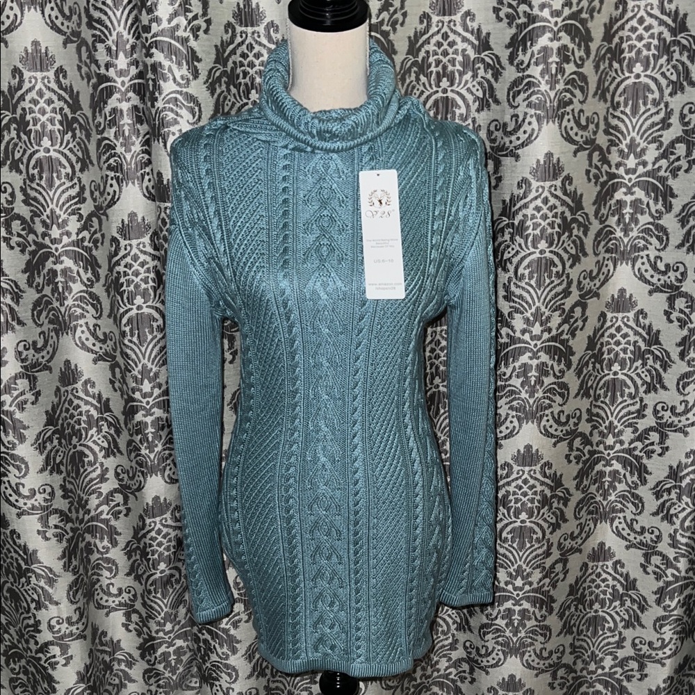 V28 Blue Cable Knit Turtleneck Sweater Dress